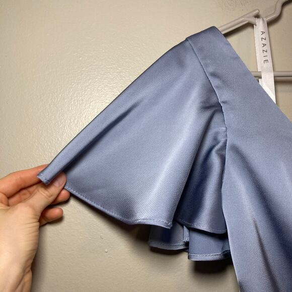 Azazie A-line Empire Waist Pleated Satin Bridesmaid Dress Womens 6-8 Blue Poly - Picture 9 of 12